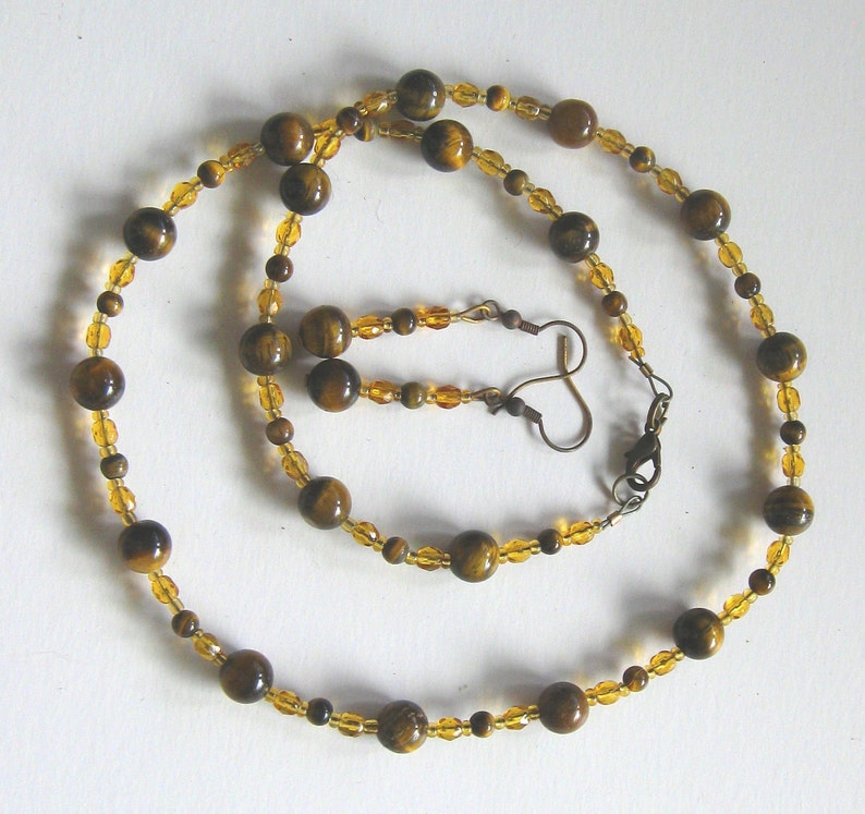 Jewelry set, necklace, bracelet and earrings, round Tigereye beads and fire polished crystals image 2