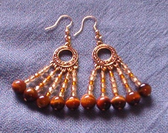 Chandelier Earrings with Round Tigereye beads and Yellow and Brown Fire Polished Crystals