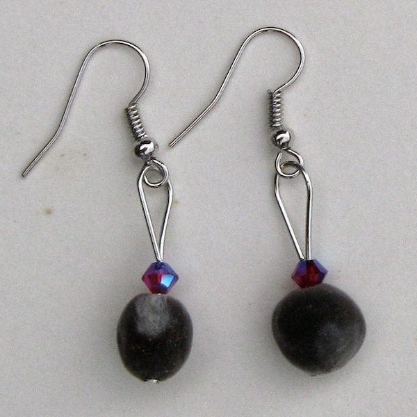 Handmade Hawaiian mgambo seed dangle earrings with ruby 2AB or AB2X Swarovski crystal bicones