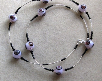Pink SRA lampwork, Swarovski crystals, seed beads and liquid silver necklace - OOAK HiloBeads