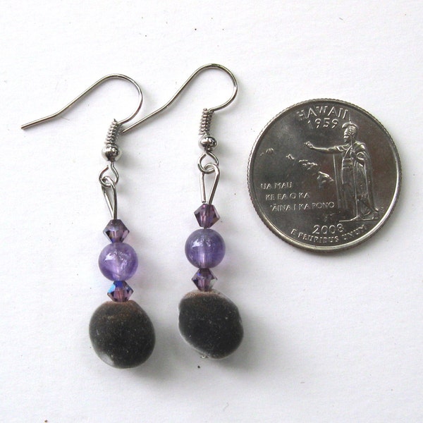 Hawaiian mgambo seed silver color dangle earrings with round amethyst beads and lilac 4mm AB Swarovski crystal bicones