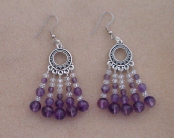 Handmade silver color Chandelier Earrings with Amethysts and Swarovski Crystals