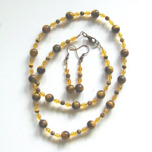 Jewelry set, necklace, bracelet and earrings, round Tigereye beads and fire polished crystals image 1