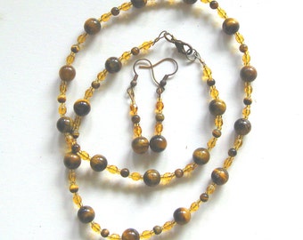 Jewelry set, necklace, bracelet and earrings, round Tigereye beads and fire polished crystals