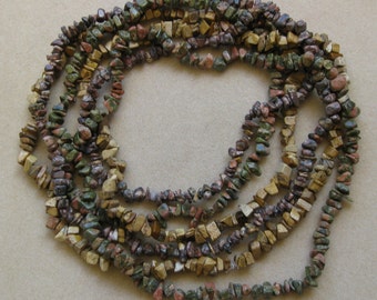 Unakite, leopard skin jasper and picture jasper gemstone chip strands - or ready made necklaces - 32 inches each