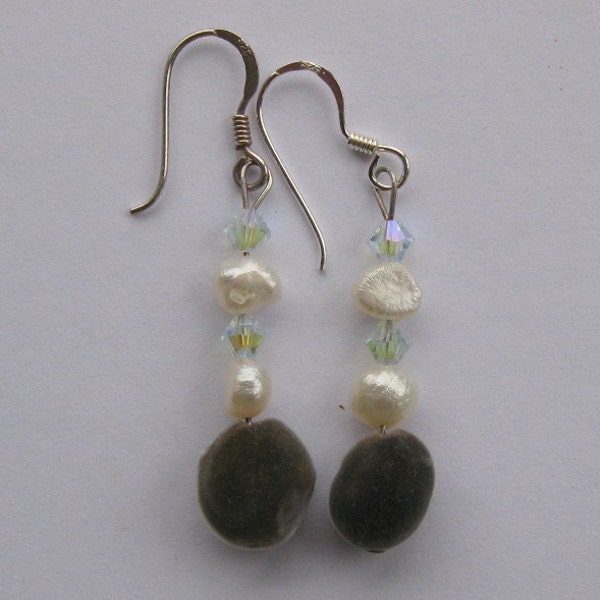 Sterling silver dangle earrings with Hawaiian mgambo seeds, light azore Swarovski crystals and white fresh water pearls