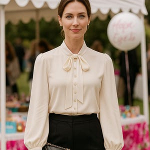 Puede incluir: Una mujer con una blusa crema con lazo y pantalones negros, sosteniendo un bolso negro acolchado. Un globo blanco con texto rosa flota en el fondo. El escenario parece ser un evento al aire libre.