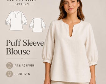 Puff Sleeve Blouse Sewing Pattern PDF, Notch Neck Top, A4 A0, Sizes 0-30