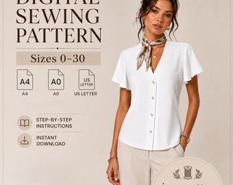 Flutter Sleeve Blouse Pattern PDF, V Neck Button Front Top, Sizes 0-30