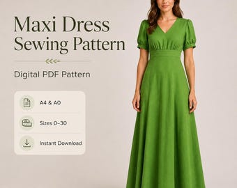 Patrón de costura en PDF para vestido largo con mangas abullonadas y escote en V, patrón digital A4 - A0, tallas 0-30.