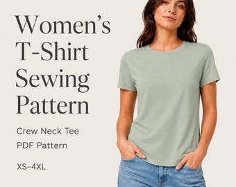Women’s Crew Neck T-Shirt Sewing Pattern PDF, Basic Tee XS-4XL