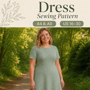 May include: A woman in a light green dress smiles in front of a blurred green backdrop. The text "Dress Sewing Pattern" is at the top, with "A4 & A0" and "US 16-30" below it. The dress features short sleeves and a fitted bodice.