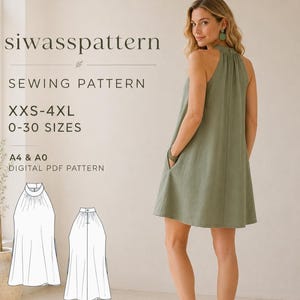 May include: A digital PDF sewing pattern by siwasspattern for a sleeveless olive green dress with a high halter neckline and side pockets. The pattern includes sizes XXS-4XL, 0-30, and is formatted for A4 and A0 printing, featuring technical line drawings.