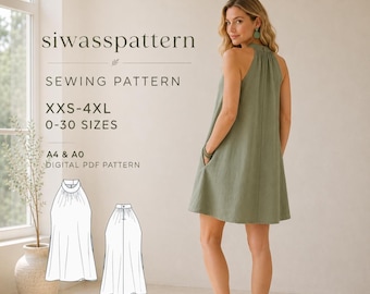 Halter Neck A-Line Dress Sewing Pattern, Gathered Sleeveless PDF, Sizes 0–30, A4 A0