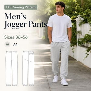 May include: A PDF sewing pattern for jogger pants in sizes 36-56, formatted for A4 printing. The graphic includes a technical line drawing of the pants and text reading "PDF Sewing Pattern Men's Jogger Pants Sizes 36-56" next to a photo of light gray joggers.