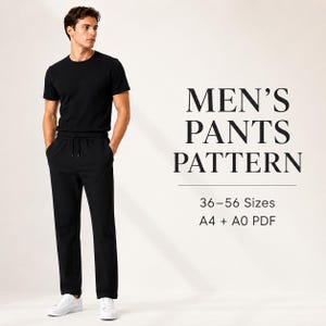 Może przedstawiać: Wykrój krawiecki na spodnie z tekstem MEN'S PANTS PATTERN, 36-56 Sizes oraz A4 + A0 PDF. Obraz przedstawia osobę w czarnym t-shircie i czarnych spodniach z elastycznym pasem ze sznurkiem oraz w białych butach sportowych.