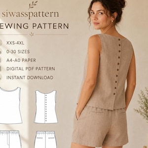 Op de afbeelding: Een beige mouwloze top met een knoopsluiting op de rug en bijpassende shorts. Het naaipatroon bevat maten XXS-4XL, 0-30, A4-A0 papier, digitaal PDF-formaat en directe download. De tekst siwasspattern SEWING PATTERN is zichtbaar.