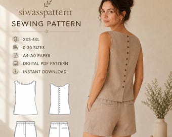 Set Boat Neck  Linen Top and Elastic Waist Shorts  Sewing Pattern,Button Down Closure