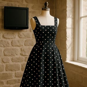 Può includere: Abito nero a pois bianchi, esposto su un manichino. Presenta uno scollo quadrato e ampie spalline. Il corpetto è aderente e la gonna svasata. Il motivo a pois è regolare. Stile vintage.