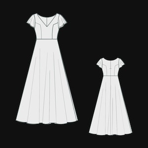 May include: Line drawing of two white dresses. The larger dress has a V-neckline, short flutter sleeves, and a fitted bodice that flows into a full skirt. The smaller dress mirrors the design, with a round neckline and similar silhouette.