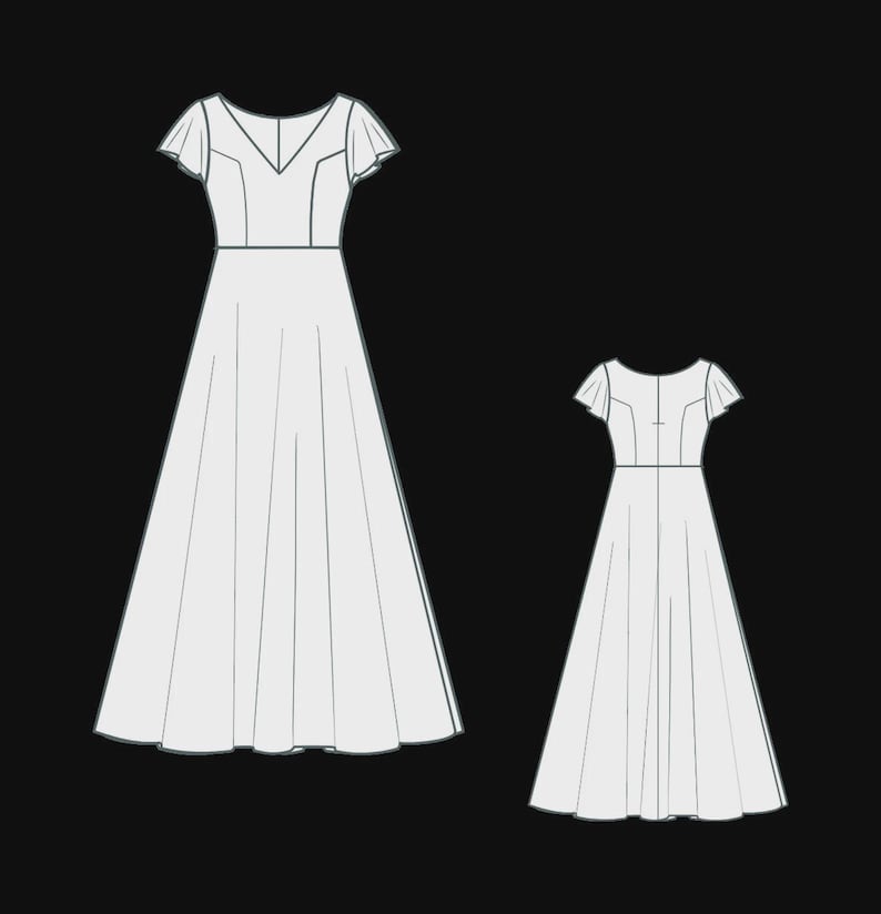 May include: Line drawing of two white dresses. The larger dress has a V-neckline, short flutter sleeves, and a fitted bodice that flows into a full skirt. The smaller dress mirrors the design, with a round neckline and similar silhouette.