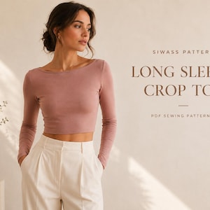 Könnte beinhalten: Ein langärmeliges, mauvefarbenes bauchfreies Oberteil mit weitem Ausschnitt. Der Text rechts lautet SIWASS PATTERN LONG SLEEVE CROP TOP PDF SEWING PATTERN. Das Kleidungsstück ist körpernah geschnitten mit langen Ärmeln und einem geraden Saum.