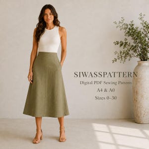 Könnte beinhalten: Ein weißes ärmelloses Oberteil und ein einfarbiger olivgrüner Midirock. Der Text SIWASSPATTERN Digital PDF Sewing Pattern A4 & A0 Sizes 0-30 ist auf der rechten Seite des Bildes zu sehen und weist auf ein digitales Schnittmuster zum Download hin.