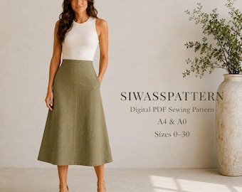 High Waist A-Line Midi Skirt Sewing Pattern with Pockets, Back Zipper PDF