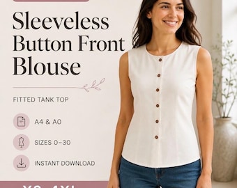 Sleeveless Button Front Blouse Sewing Pattern: Fitted Tank Top (PDF Digital Download, XS-4XL)