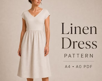 V Neck Linen Midi Dress PDF Sewing Pattern, A-Line Silhouette, Sizes 2-30 (Digital Download)