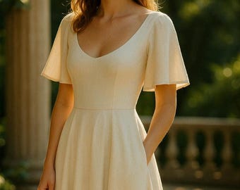 Cottagecore Linen Midi Dress Sewing Pattern: Bell Sleeve, Circle Skirt (PDF Download XS-4XL)