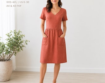 V Neck Linen Dress Sewing Pattern, Short Sleeve Gathered Waist Patch Pockets PDF A4-A0