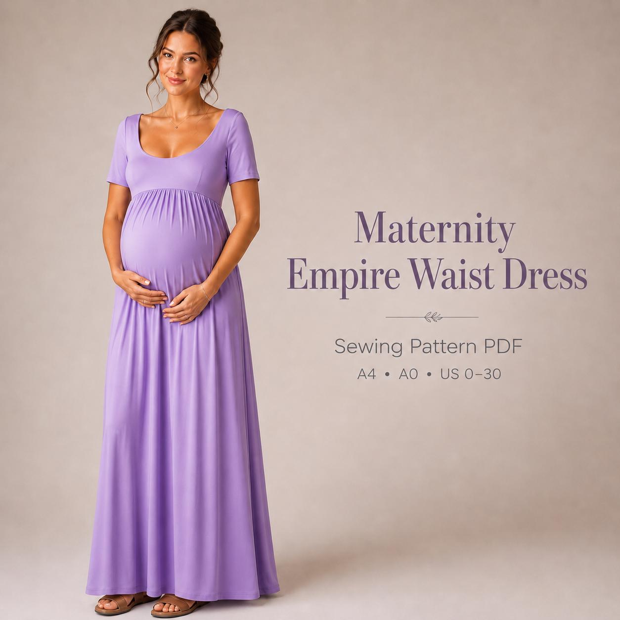 Maternity Maxi Dress Sewing Pattern PDF, Empire Waist Short Sleeve A0 A4 US 0-30