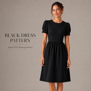 May include: A black dress with short puff sleeves, a round neckline, and a knee-length skirt. The text on the left reads BLACK DRESS PATTERN Digital PDF Sewing Pattern. The garment features a fitted bodice and a gathered waistline.