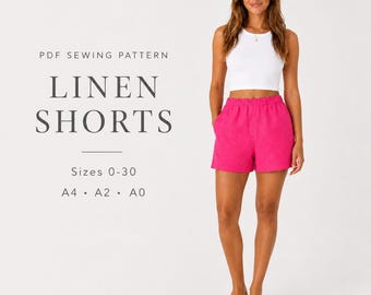 Elastic Waist Linen Shorts Sewing Pattern PDF, Side Pockets, Sizes 0-30, A4 A2 A0