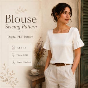 Può includere: Un cartamodello digitale in PDF per una camicetta bianca con maniche corte a volant e scollo quadrato. Il testo recita Blouse Sewing Pattern, Digital PDF Pattern, A4 & A0, Sizes 0-30 e Instant Download. Il design presenta un'estetica pulita.