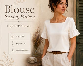 Square Neck Blouse Sewing Pattern, Linen Summer Top, Cottagecore Shirt (PDF Download)