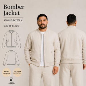 Puede incluir: Un patrón de costura de chaqueta bomber beige con el texto "Bomber Jacket" y "SEWING PATTERN". El patrón incluye ilustraciones de las vistas delantera y trasera de la chaqueta, y el rango de tallas es 36-56 (US). La imagen también incluye el texto "A4/A0 PDF PATTERN", "STEP BY STEP INSTRUCTIONS" y "DIGITAL DOWNLOAD".