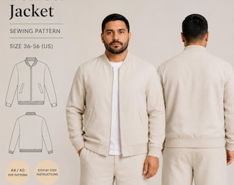 Men's Bomber Jacket Sewing Pattern, Oversized Casual Coat (Digital Download) A4 A0 Sizes 36-56