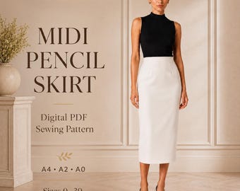 High Waist Midi Pencil Skirt Sewing Pattern PDF, A4 A2 A0, Sizes 0-30