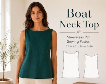 Linen Boat Neck Sleeveless Top  Sewing Pattern PDF, Minimalist Summer Women Blouse DIY