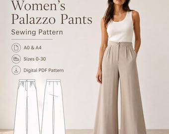 Cartamodello per pantaloni palazzo da donna, vita alta, gamba larga, PDF A0 A4, taglie 0-30a
