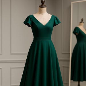 May include: A dark green dress with a V-neckline and short, flutter sleeves. The dress has a fitted bodice and a flared skirt, with a matching belt at the waist. The dress is displayed on a mannequin in front of a mirror.