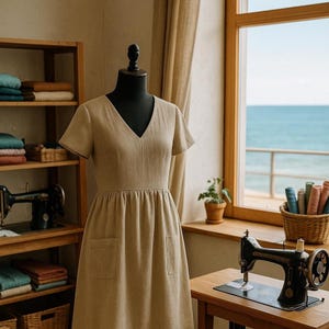Op de afbeelding: Beige linnen jurk met een V-hals en korte mouwen op een zwarte paspop. De jurk heeft twee voorzakken en een gerimpelde taille. De achtergrond omvat een naaimachine, houten planken en een raam met uitzicht op de zee.