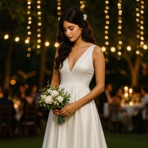 May include: A sleeveless white wedding dress with a deep V-neckline and a flowing skirt. The bride holds a bouquet of white flowers and greenery. The background features soft lighting and a blurred outdoor setting.
