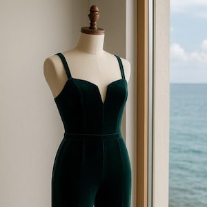 May include: A dark green velvet jumpsuit with a plunging neckline and thin straps. The jumpsuit is displayed on a mannequin, showcasing its tailored fit. The garment's color and design suggest formal wear.