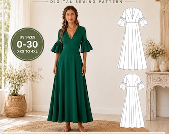 Boho Maxi Dress Sewing Pattern, Deep V-Neck Bell Sleeve PDF, US Sizes 0–30