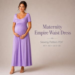 Maternity Maxi Dress Sewing Pattern PDF, Empire Waist Short Sleeve A0 A4 US 0-30