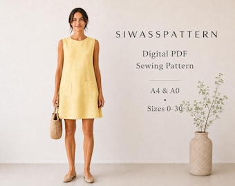Sleeveless Tent Dress Sewing Pattern, A-Line Shift Dress with Patch Pockets PDF 0–30