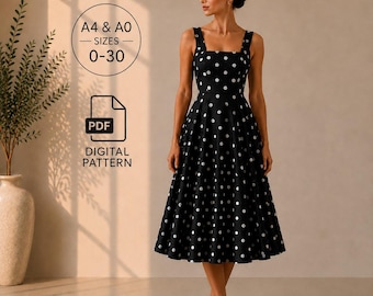 Vintage Fit & Flare Dress Sewing Pattern | Square Neck Midi PDF Pattern